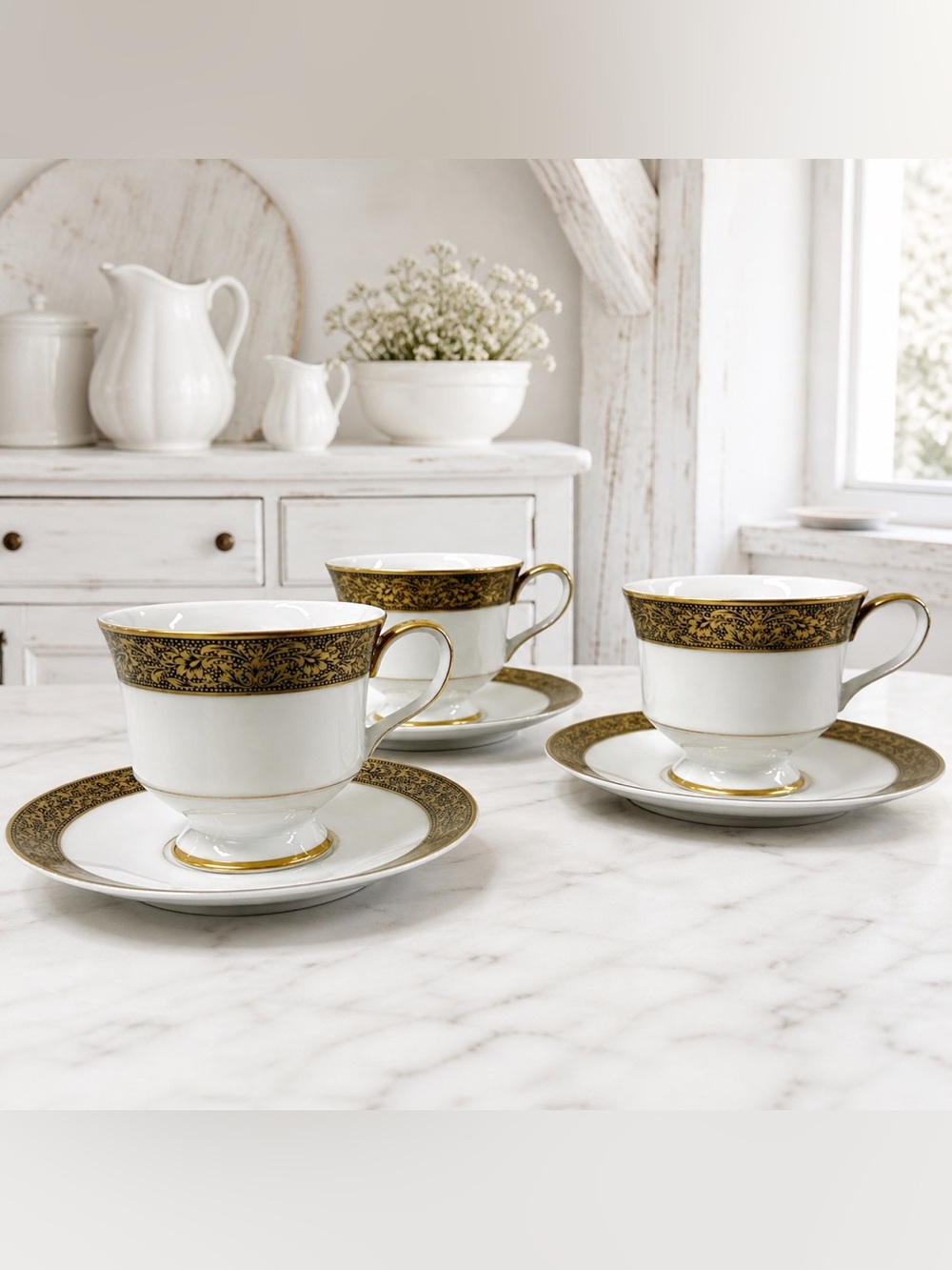 Sango Hampton 3758 Footed Cup & Saucer Set of 3 Gold Filigree Japan - Mint